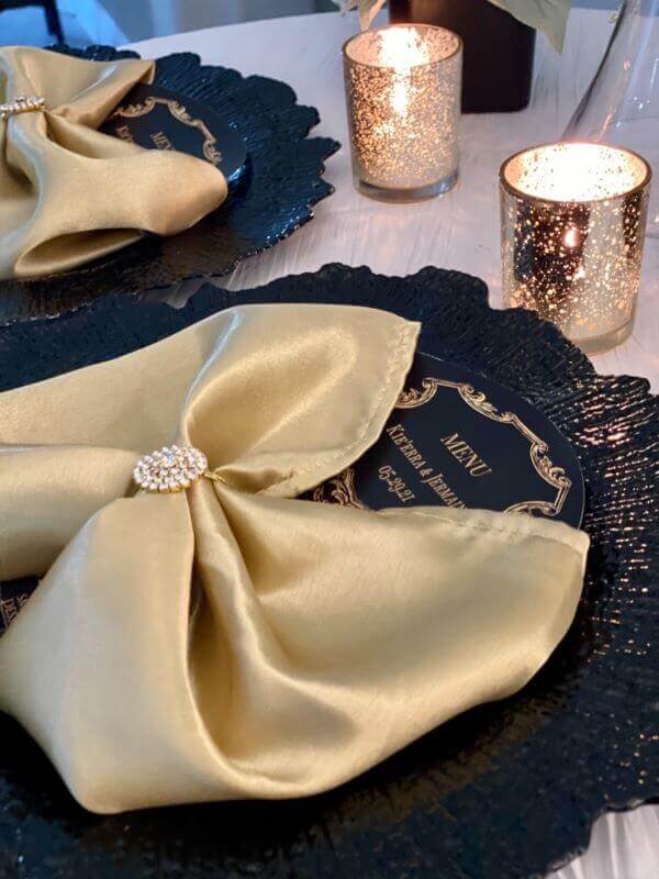 Dazzling Black And Gold Table Setting With Tablecloth, Chargers, Napkins, & Votive Candle Holders