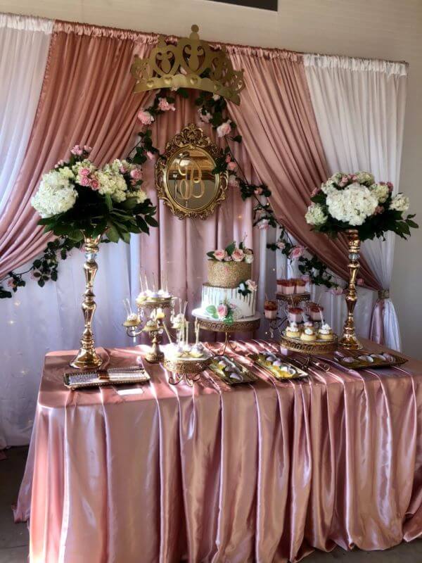 Dusty Rose Party Décor With Satin Fabric, Tablecloth, Vases, Garland, Tray, Cake Stands, & Flowers