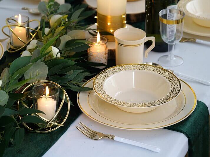 Elegant Table Décor With Velvet Table Runner, LED Candles, Votive Holders, Garlands, Bowls & Plates