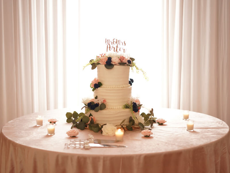 Blush Cake Table Décor With Tablecloth, Curtains, Florals, Garland, Tealight Holders & Server Set