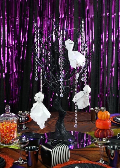 Wicked Halloween Table Decoration With Table Linens, Curtains, Manzanita Tree, Mirror, & Jars 
