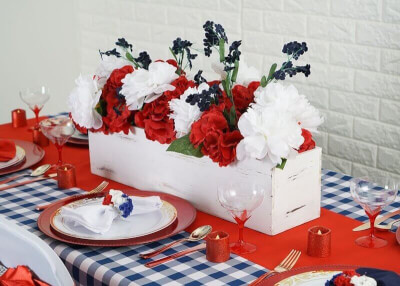 Veterans Day Table Decor With Runner, Planter Box, Flameless Candles, Hydrangeas, & Peonies