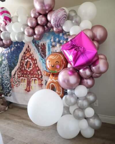 Adorable Gingerbread Themed Backdrop With Backdrop Stand, Candy Foil Balloons, & Vinyl Balloons