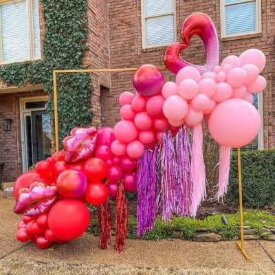Romantic Valentine’s Day Party Backdrop Setup With Backdrop Stand, Balloons, And Fringe Curtains