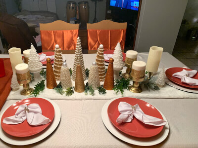 Majestic Christmas Table Decor With Tablecloth, Runner, Chargers, Leaves, Candles, Napkins, & Plates