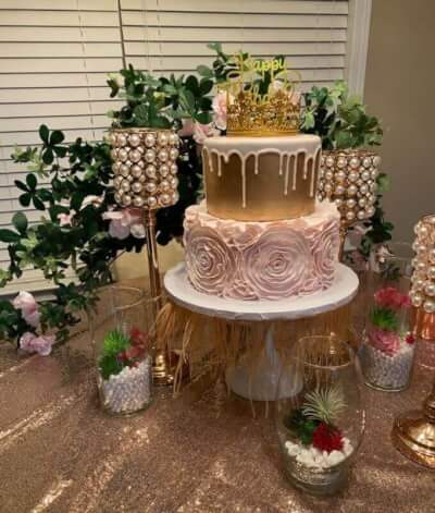 Pretty Dessert Table Décor With Overlay, Candle Holders, Vases, Garland, Fringe Tape, & Cake Toppers