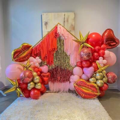 Gold & Red Backdrop Décor Foil Fringe Curtains, Marble 4D Orbz, Heart Shape, & Metallic Balloons