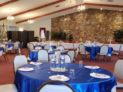 Whimsical White & Blue Christmas Décor With Table Linens, Plates, Napkins, Mirrors, Vases, & Candles