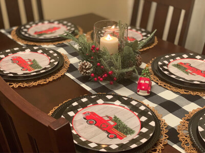 Chic Christmas Dinner Tablescape Using Runner, Chargers, Placemats, Pine Cones, Vase, & Candle