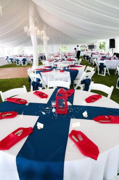 Auspicious Independence Day Wedding Décor with Drapes, Chairs, Table Runners, Tablecloths & Candles