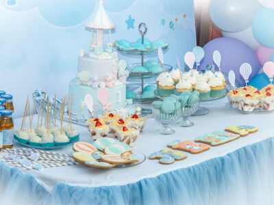 1st Birthday Celebration Décor With Table skirt, Paper Straws, Dessert Cups, Cake Stand & Balloons