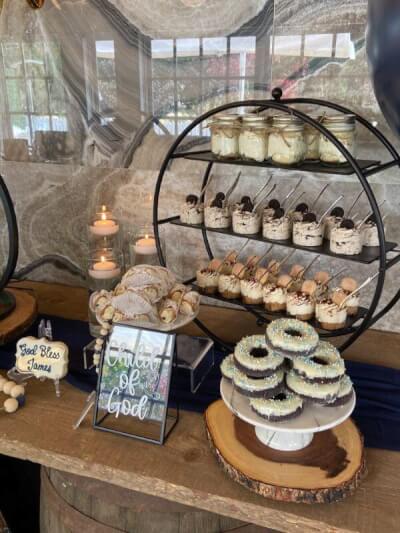 Luscious Dessert Bar With Cake Stands, Dessert Cups, Jars, Wood Slab, Mini Chalkboard & Candle Displ