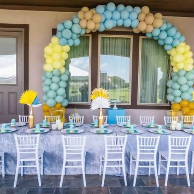 Peppy Party Setup With Tablecloth, Balloons, Display Boxes, LED Candles And Chair Pads