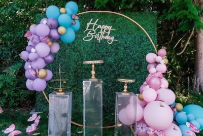 "Fascinating Birthday Décor With Grass Wall Panels, Backdrop Stand, Balloons And Display Boxes