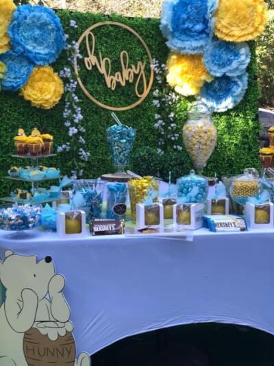 Spectacular Baby Shower Setup With Grass Wall Panels, Large Flowers, Jars & Cupcake Stands