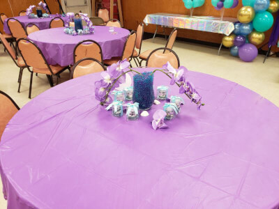 Gorgeous Event Set-up With Tablecloths, Balloons, Vases, Orchids, Beads, Favor Boxes & Ribbons