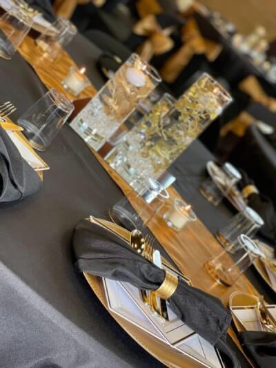 Shiny Tabletop Decor With Tablecloth, Runner, Chargers, Napkins, Cutlery, Cups, Vases, & Candles