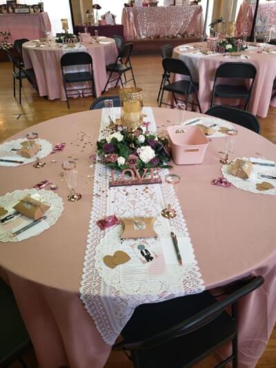 Elegant Wedding Décor With Tablecloth, Runner, Lace Doilies, Candle Holder, Flutes, & Flowers