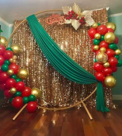 Riveting Christmas Party Backdrop With Curtains, Round Arch Stand, Flowers, And Balloons