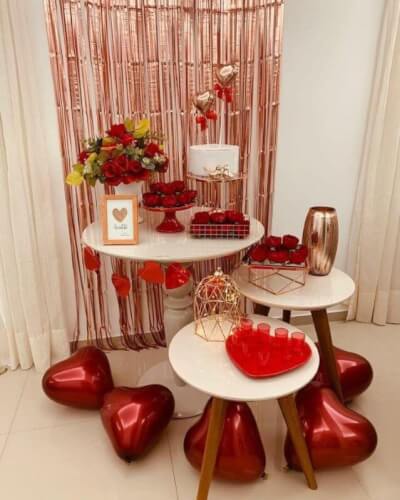 Valentine’s Day Setup With Curtains, Geometric Riser, Cake Stand, Flower Stand, Floral, & Balloons