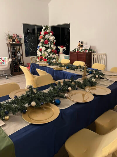 Gorgeous Christmas Party Décor Featuring Tablecloth, Runner, Faux Garland, Chair Covers, & Plates