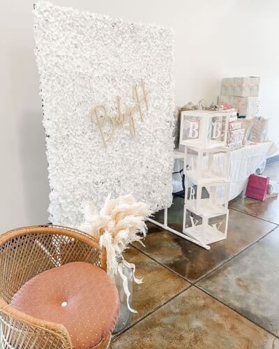 Gorgeous Backdrop Setup With Backdrop Stand, Flower Wall Panels, Display Boxes, And Pampas Grass