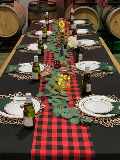 Christmas Tablescape With Tablecloth, Runner, Placemats, Plates, Jars, Lights, Rattan Balls, & Garla