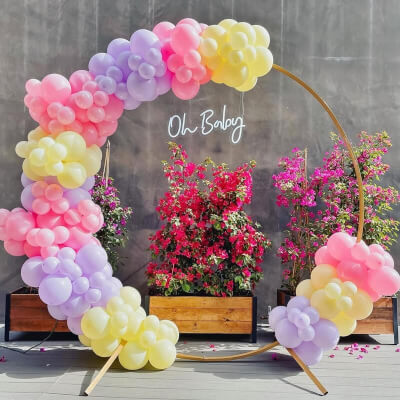 Blissful Baby Shower Backdrop Arrangement Using Round Arch, Balloons, & LED Lights