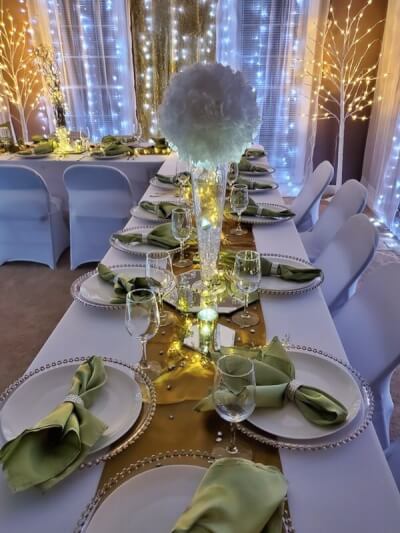 Alluring Tablescape With Tablecloths, Runners, Chargers, Napkins, Mirrors, Vases, & Chair Covers