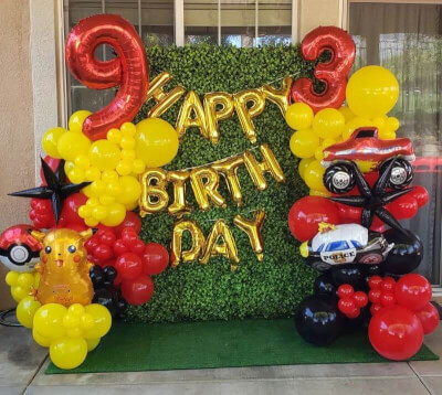 Peppy Birthday Backdrop With Green Wall, Grass Mat, Star-Shaped Balloons, Letter & Number Balloons