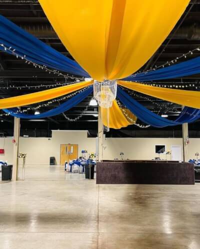 Magnificent Wedding Ceiling Decoration With Curtain Panels, Crystal Chandelier, & String Lights