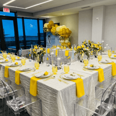 Striking Party Decor With Balloons, Tablecloths, Flowers, Vases, Candles, Chargers, & Napkins 