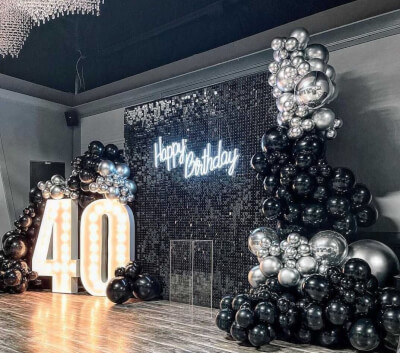 40th Birthday Party Backdrop Setup Using Neon Lights, Marquee Letters, Acrylic Risers, & Balloons 