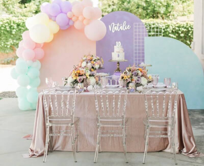 Cute Pastel Party Decoration With Backdrop Stand, Balloons, Tablecloth, Flowers, & Cake Stands