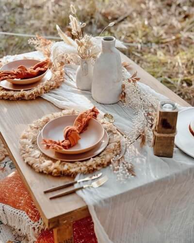 Rustic Table Décor Using Runner, Flowers, Vases, Placemats, Napkins, Plates, Cutlery, & Candles