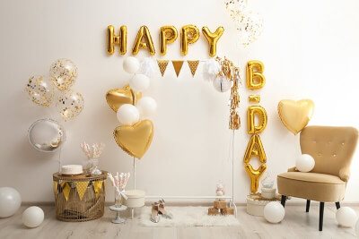 Elegant Birthday Decor Using Backdrop Stand, Balloons, Banners & Dessert Holders