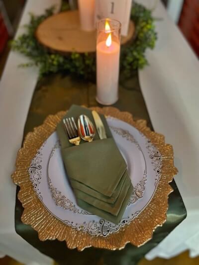 Classic Dinner Table Setup with Tablecloth, Table Runner, Table Napkin, Candle & Charger Plates