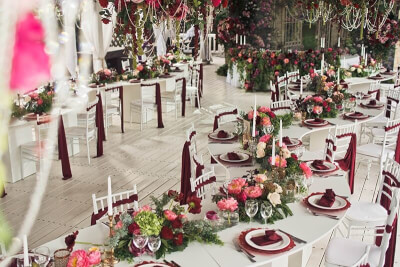 Majestic Wedding Reception Using Chair Sashes, Table Napkins, Charger Plates, Flowers & Bead Strands
