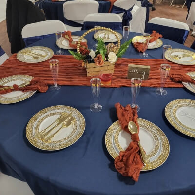 Gorgeous Tabletop Decor With Tablecloth, Runner, Chargers, Cutlery, Napkins, Planter, & Flowers