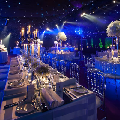 Surreal Wedding Decor With Accent Lights, Tablecloth, Mirror, Candelabra, Flower, Vase, & Mirror Bal