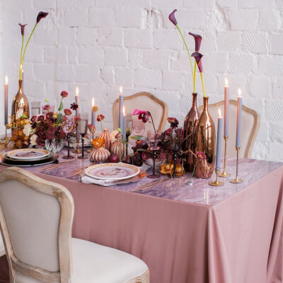 Mesmerizing Table Decor With Tablecloth, Mercury Vases, Candles, Candle Holders, & Flowers