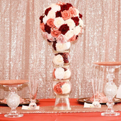 Ritzy Wedding Head Table Decor With Curtains, Tablecloth, Runner, Glass Vases, Chargers, & Flower