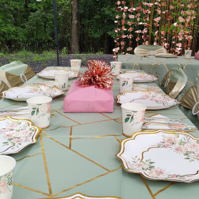 Garden Wedding Decor With Flower Garland, Tablecloth, Sashes, Chair Covers, Plates, Napkins, & Cups