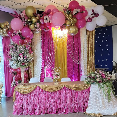 Pretty Wedding Decor With Curtain, Table Skirt, Tablecloth, Beaded Garland, Vase, Balloons, & Flower