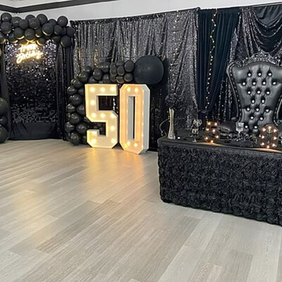 Ritzy Birthday Decor With Curtains, Sequins Wall, Tablecloth, Balloons, Light Sign, & Marquee Lights