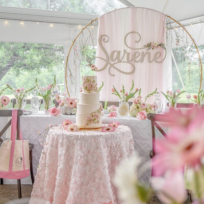 Mesmeric Bridal Shower Decor Arch Stand, Curtains, Tablecloth, Bulb String Lights, Vases, & Flowers
