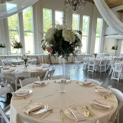 Wedding Table Decor With Tablecloth, Seat Pads, Chairs, Chargers, Napkins, Cutlery, Vase, & Flowers