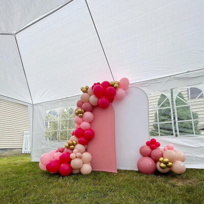 Impressive Outdoor Tent Party Backdrop Decor With Backdrop Arch, Spandex Covers, & Balloon Garland
