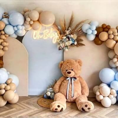 Lovable Baby Shower Decor With Arch Stands, Covers, Soft Toy, Dry Grass, Flowers, & Balloon Garland 