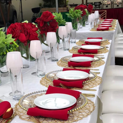 Exquisite Tablescape With Tablecloth, Placemats, Charger, Napkin, Cutlery, Vases, Foliage, & Flowers
